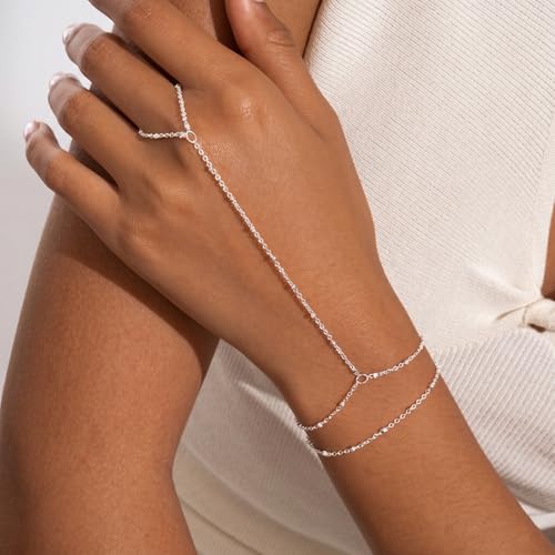 Bracelets for Women, Dainty Gold Silver Ring Bracelet Hand Chain | Cubic Zirconia Pearl Charms, 14K Gold Plated, Adjustable Fit, Trendy Stackable Link Chain, Waterproof Jewelry, Gift for Her - color: Silver-dot hand chain bracelet-2 pieces