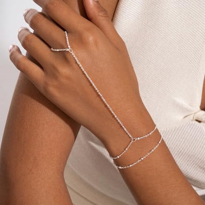 Bracelets for Women, Dainty Gold Silver Ring Bracelet Hand Chain | Cubic Zirconia Pearl Charms, 14K Gold Plated, Adjustable Fit, Trendy Stackable Link Chain, Waterproof Jewelry, Gift for Her - color: Silver-dot hand chain bracelet-2 pieces