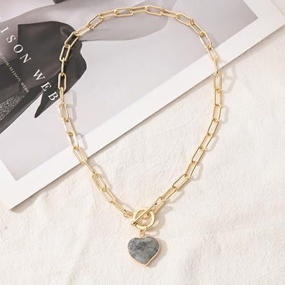 14K Gold Plated Two Sides Carved Stone Heart Shape Necklace for Women Love Pendant Necklace Jewelry for Daily and Gifts - color: Labradorite