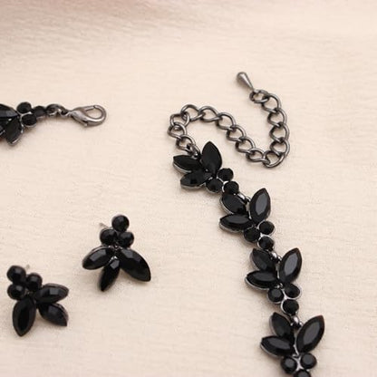 Bridal Wedding Crystal Leaf Choker Necklace Dangle Earring Bracelet Brides Bridesmaid Jewelry Set for Women - color: Black-Jet