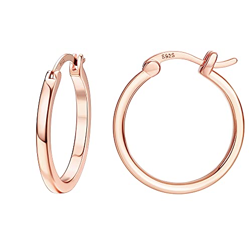 18K Gold Plated Hoop Earrings - 925 Sterling Silver Hoop Earrings Womens Hypoallergenic Hoops | Square Tube Hoop Earrings for Women 15mm/20mm/30mm/40mm - color: Rose Gold 20mm