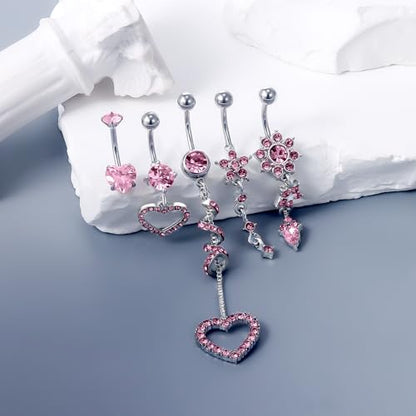 14G Dangle Belly Button Ring Piercing Jewelry 316L Stainless Surgical Steel Heart Flower CZ Reverse Navel Rings Dangling Belly Button Ring Piercing Jewelry for Women 14 Gauge Hypoallergenic - style: 5Pcs Pink