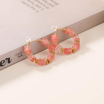 Wellike Beaded Hoop Earrings for Women Natural Stone Pink Gold Huggie Earrings Hypoallergenic Dainty Waterproof Trendy Jewelry - color: Rose Pink, size: 30mm