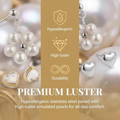 Hypoallergenic Pearl Earrings Set for Women | S925 Sterling Silver & Stainless Steel, Daisy Heart & Hook & Teardrop Dangle & Huggie Hoop, Simulated Pearl, Sensitive Ears - color: White Gold Heart Flower