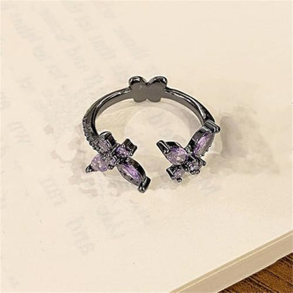 Gothic CZ Butterfly Open Band Rings for Women Silver Gold Plaed Black Butterflies Animals Crystal Statement Stacking Wrap Finger Ring Adjustable Comfort Fit Punk Halloween Party Jewelry