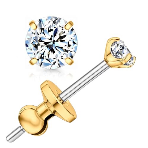 Limerencia Moissanite Stud Earrings, F136 Titanium Screw Back Earrings, D Color VVS1 Clarity Lab-created Moissanite Earrings, Hypoallergenic G23 Pure Titanium for Women Men Sensitive Ears - color: Gold B, size: 3mm