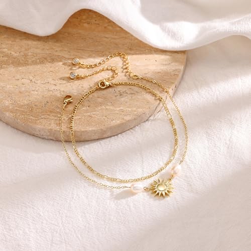 Robaice Anklets for Women, 14K Gold Plated Layered Ankle Bracelets | Waterproof Figaro Link Pearl Anklet, Ankle Bracelets for Women Stackable, Summer Beach Jewelry Gifts Non Tarnish - style: Gold Sun Anklet