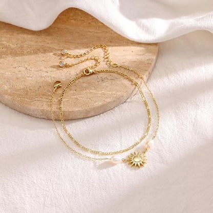 Robaice Anklets for Women, 14K Gold Plated Layered Ankle Bracelets | Waterproof Figaro Link Pearl Anklet, Ankle Bracelets for Women Stackable, Summer Beach Jewelry Gifts Non Tarnish - style: Gold Sun Anklet