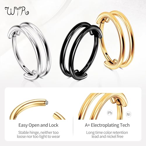 G23 Titanium Conch Piercing Jewelry Hoop: 16G 8mm/10mm/12mm Diamond Cartilage Earring Helix Double Piercing Hoop Septum Rings Hypoallergenic Nose Rings Hinged Segment Clicker Lip Rings Rook Daith Tragus Earrings - color: Gold-Double Layers