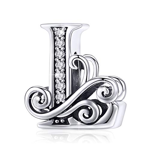 BISAER 925 Sterling Silver Initial Letter A-Z Charms for Bracelets Alphabet Beads Charm Jewelry Gifts - color: Letter L