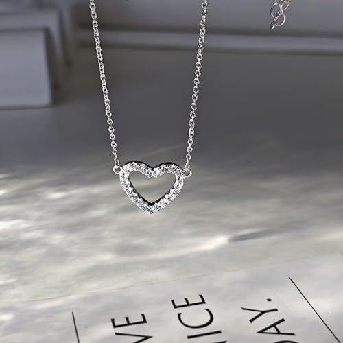 Zeffy Dainty Gold Heart Necklace for Women Trendy 14K Gold/Silver Plate Cute Heart Pendant Choker Necklaces Gold Love Heart Chain Necklace for Women Dainty Gold Jewelry Gifts for Women - style: CZ Open Heart Necklace-Silver