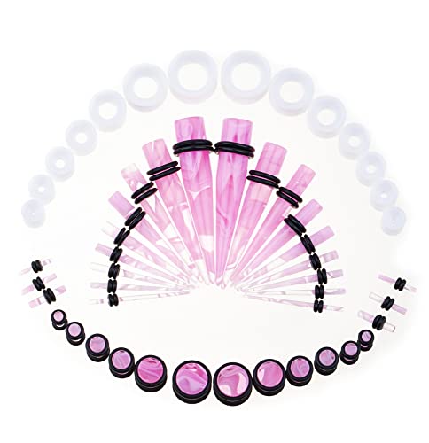 50 PCS Ear Stretching Kit 14Gauges-00Gauges Earring Marble Acrylic Taper Piercing Jewlery Sets - color: Pink