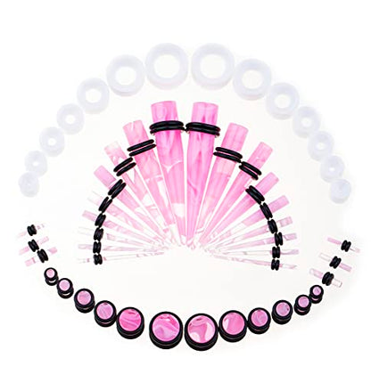50 PCS Ear Stretching Kit 14Gauges-00Gauges Earring Marble Acrylic Taper Piercing Jewlery Sets - color: Pink