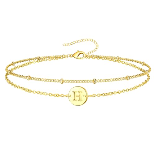 Inerney Personalized Gold Initial Bracelets for Women - Dainty 14K Gold Plated Layered Disc Monogram Charm Bracelet, Customizable A-Z Letter Jewelry Gift for Her - color: H, size: 8.5 inches gold