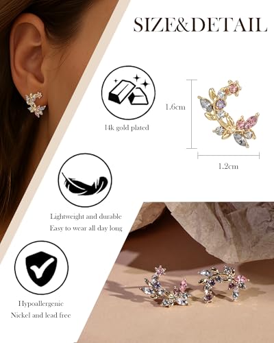 14K Gold Plated Leaf Earrings for Women, Colorful Marquise Cubic Zirconia Floral Studs, Hypoallergenic Botanical Ear Crawler Earrings for Spring