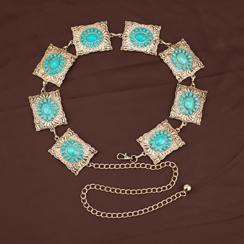 ILuvatar Western Metal Concho Belt for Women Cowgirl Waist Chain for Women Dress Pants Adjustable - color: Golden-t16