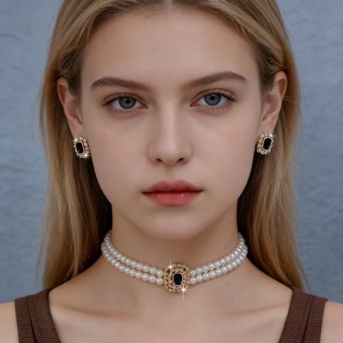 Classic Double Strand Faux Pearl Choker Necklace and Earrings Set with Crystal Accent, Elegant Jewelry for Special Occasions and Everyday Wear - color: black