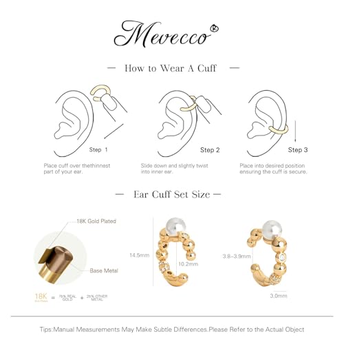 MEVECCO Ear Cuffs Non Piercing 18K Gold Plated Ear Cuff Earring Sets Clip on Cartilage Cubic Zirconia Pearl Minimalist Hypoallergenic Fake Hoop Earrings Stack Women Gifts - style: 2pcs-Pearl