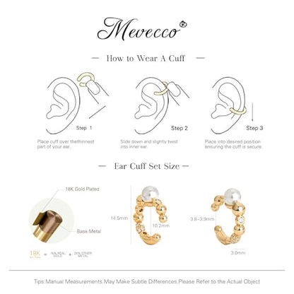 MEVECCO Ear Cuffs Non Piercing 18K Gold Plated Ear Cuff Earring Sets Clip on Cartilage Cubic Zirconia Pearl Minimalist Hypoallergenic Fake Hoop Earrings Stack Women Gifts - style: 2pcs-Pearl