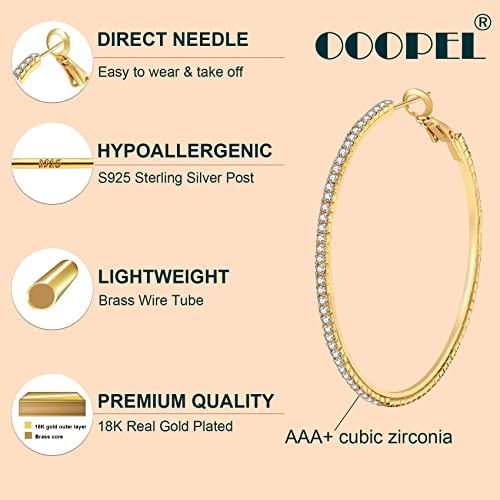 925 Sterling Silver Earrings Large Rhinestone Hoop Earrings Big Cubic Zirconia Hoop Earrings Thin Rhinestones Round Hoop Earrings for Women 20/30/40/50/60/70mm Sparkly Hoops With Crystals for Womens - color: Gold,60mm