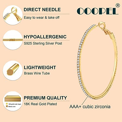 925 Sterling Silver Earrings Large Rhinestone Hoop Earrings Big Cubic Zirconia Hoop Earrings Thin Rhinestones Round Hoop Earrings for Women 20/30/40/50/60/70mm Sparkly Hoops With Crystals for Womens - color: Gold,60mm