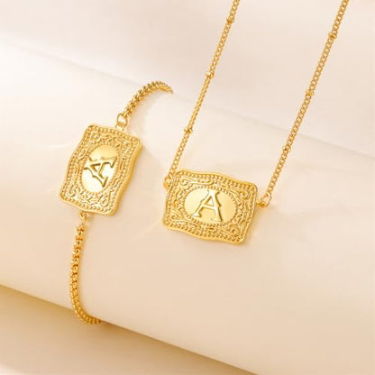 2 Pcs Belt Buckle Initial Necklace Bracelet Jewelry Set for Women, 18K Gold/Silver Plated Belt Buckle Initial A-Z Necklace Bracelet Set Unique Western Style Jewelry Gifts - style: Gold-I