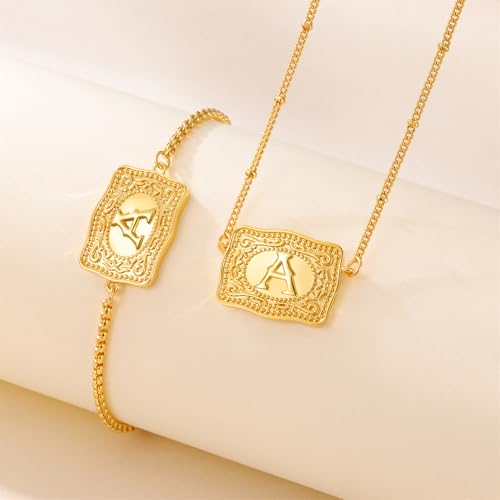 2 Pcs Belt Buckle Initial Necklace Bracelet Jewelry Set for Women, 18K Gold/Silver Plated Belt Buckle Initial A-Z Necklace Bracelet Set Unique Western Style Jewelry Gifts - style: Gold-O