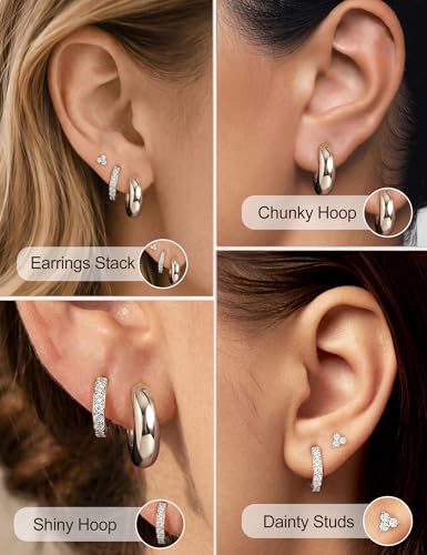 Small Gold Earring Stack Trendy 925 Sterling Silver Earrings for Women Hypoallergenic 14K Gold Plated Cubic Zirconia Stud Hoop Non Tarnish Huggie Hoop Earrings Set for Multiple Piercing Jewelry Gift - style: Silver: 2 Pairs of Hoops + 1 Pair of Studs