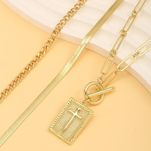 Gold Layered Necklaces for Women, 14K Gold Plated Paperclip Snake Chain Necklace Set, Dainty Coin Cross Tear Pendant Layering Choker Necklaces, Simple Trendy Stackable Jewelry Gifts - color: 3PCS / Cross relief & Chain& Chain