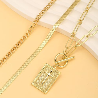 Gold Layered Necklaces for Women, 14K Gold Plated Paperclip Snake Chain Necklace Set, Dainty Coin Cross Tear Pendant Layering Choker Necklaces, Simple Trendy Stackable Jewelry Gifts - color: 3PCS / Cross relief & Chain& Chain