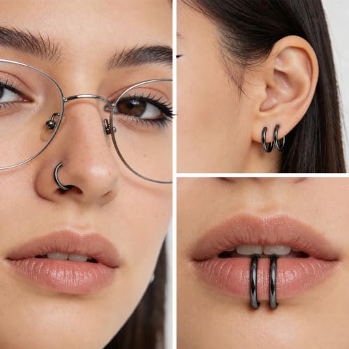 6Pcs Fake Lip Piercing Fake Lip Ring Cuff Stainless Steel Fake Snake Bites Clip on Ear Cuff Cartilage Earring Non Piercing Body Jewelry for Women Men - color: Black