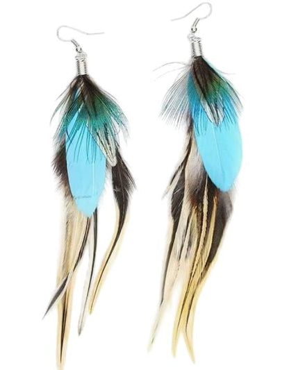 18K Gold Plated Bohemian Feather Drop Earrings – Long Dangle Handmade Earrings with Blue & Natural Feathers, Lightweight Ethnic Statement Jewelry