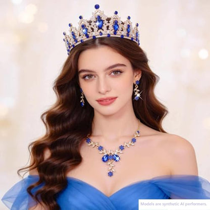 Kamirola Tiaras and Crowns for Women,Tiaras Earrings Necklace, Crystal Bridal Jewelry Set, Costume Party Halloween Prom Pageant Jewelry for Women(TR45) - color: Gold Blue