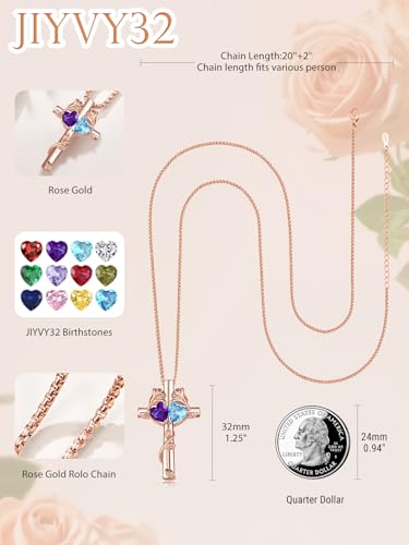 Rose Gold Cross Necklace with 2 Birthstones and Rose | Cross with Birthstone Necklace, Hypoallergenic, Adjustable Rolo Chain, Birthday Gifts, Catholic Christian Religious Jewelry - color: 02-03-Feb-Mar Birthstone