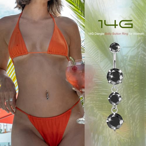 G23 Titanium Dangle Belly Button Rings for Women Dangling Navel Rings CZ Belly Rings Curved Barbell Internally Threaded Belly Piercing Jewelry - color: Black