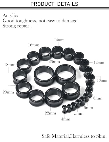 6G-26mm Acrylic Plastic Ear Gauges Tunnels Stretching Kit Double Flared Plugs Tunnels Expanders Stretcher Saddle Gauges Earrings for Men Women Black White Clear - color: Black 6G-26mm
