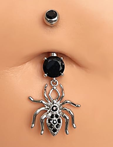 Belly Button Ring Dangle, Cross Belly Button Ring, Navel Piercing | 316L Surgical Steel, AAA+ Cubic Zirconia, Nickel-Free, Hypoallergenic, Multi-Style, 14 Gauge 10 mm Screw On Piercing Stud - style: Black CZ Spiders