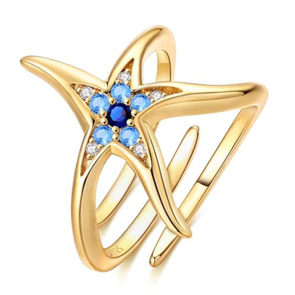 925 Sterling Silver Adjustable Rings for Women 14K Gold Plated Thumb Rings | Stackable Statement Eternity Rings Dainty Starfish Star Moon Heart Lucky Open Ring Trendy Jewelry Birthday Gifts for Ladies - color: Gold starfish opening ring