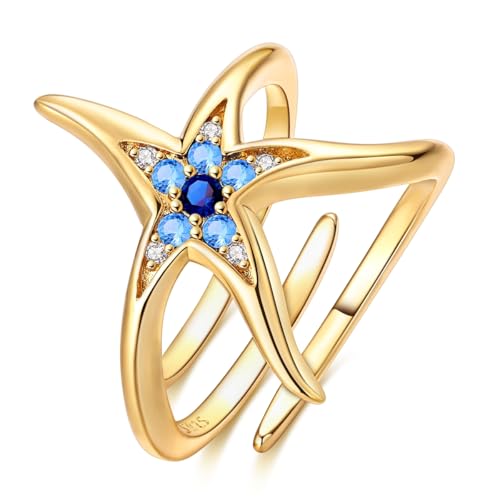 925 Sterling Silver Adjustable Rings for Women 14K Gold Plated Thumb Rings | Stackable Statement Eternity Rings Dainty Starfish Star Moon Heart Lucky Open Ring Trendy Jewelry Birthday Gifts for Ladies - color: Gold starfish opening ring