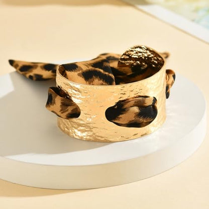 Chunky Gold Hammered Bracelets for Women, Leopard Print Scarf Big Golden Stainless Steel Cuff Bangle Silk Styling Charm Stackable Statement Jewelry Gifts - color: 3.5CM-Gold