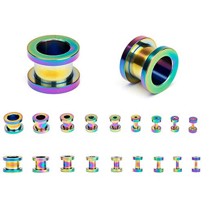 18PCS Ear Tunnels Kit Stainless Steel Screw Fit 14G-00G Gauges Plugs Set Double Flared Stretcher Expander Body Piercing Jewelry - color: Rainbow