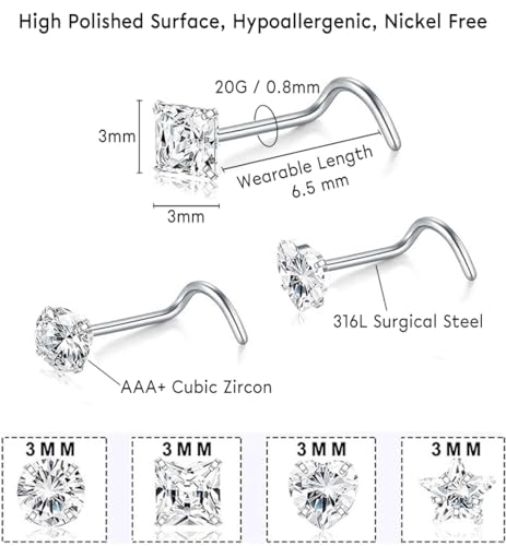 SEEDRILL 8Pcs 20G Nose Rings studs for Woman Hypoallergenic Nose Studs 316L Surgical Steel with Gold Plated Nose Piercings Jewelry 3mm CZ L Shape Nose Rings 20 Gauge Nose Stud Nose Screw Studs - style: 8Pcs/20G/3mm CZ/Screw Shape/Silver