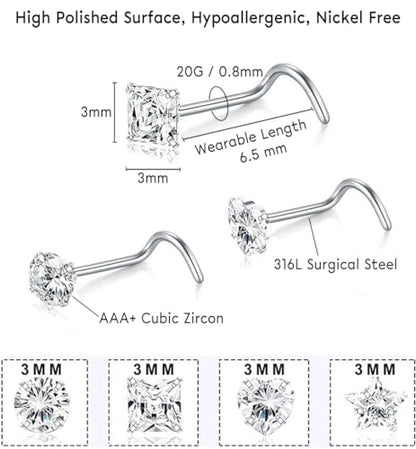 SEEDRILL 8Pcs 20G Nose Rings studs for Woman Hypoallergenic Nose Studs 316L Surgical Steel with Gold Plated Nose Piercings Jewelry 3mm CZ L Shape Nose Rings 20 Gauge Nose Stud Nose Screw Studs - style: 8Pcs/20G/3mm CZ/Screw Shape/Silver