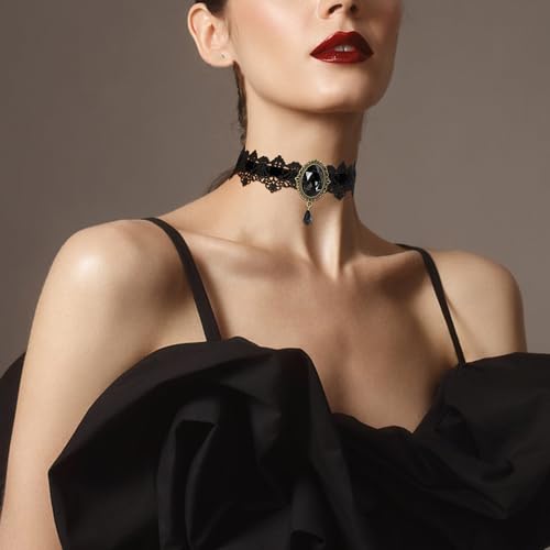AILUOR Punk Rock Wedding Party Handmade Black Lace Choker, Gothic Retro Lolita Beads Chain Vampire Pendant Necklace for Women Halloween - color: Black