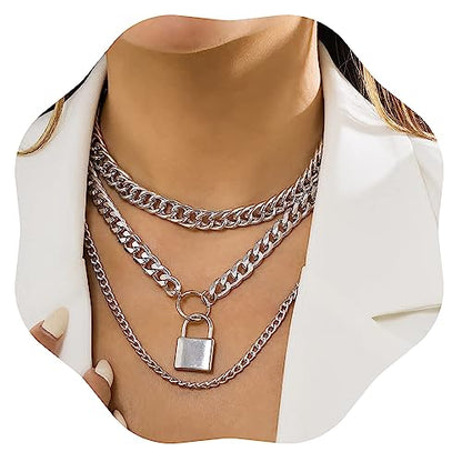 Jumwrit Chunky Chain Necklace Punk Layered Choker Necklaces Cuban Link Chain Necklace with Lock Pendant Necklace Statement Necklace for Women and Girls - color: Silver