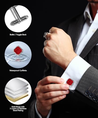 Large Big Square Crystal Color Stone Cuff Links for Men – Tuxedo Suit Accessories, Cufflinks for Men - style: Red/Silver