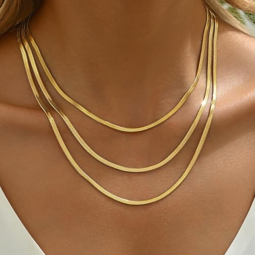 18K Gold Plated Layered Herringbone Necklaces for Women Dainty Layering Beaded Snake Chain Choker Moon Coin Pendant Necklace Trendy Stainless Steel Jewelry - color: Trible Herringbone-Gold