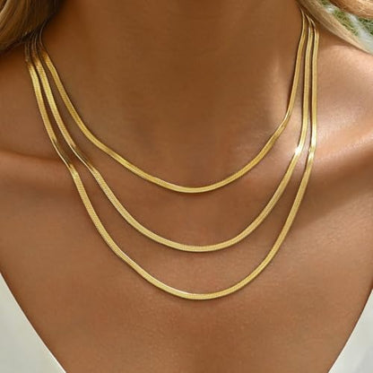 18K Gold Plated Layered Herringbone Necklaces for Women Dainty Layering Beaded Snake Chain Choker Moon Coin Pendant Necklace Trendy Stainless Steel Jewelry - color: Trible Herringbone-Gold