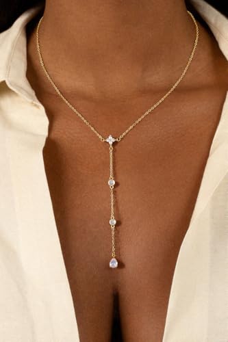 14K Gold Plated Layered Lariat Necklace for Women - Waterproof Non-Tarnish Dainty Gold Chain Necklace, Long Boho Statement Jewelry for Wedding, Prom, Summer Vacation Gifts - color: Four CZ Y Necklace-Gold