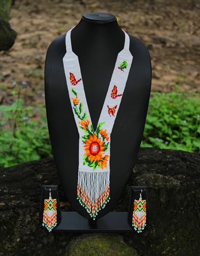 Long Beaded Necklace – Boho Native Handmade Seed Bead Tassel Necklace, Bohemian Large Statement Beaded Necklace for Women - color: White/